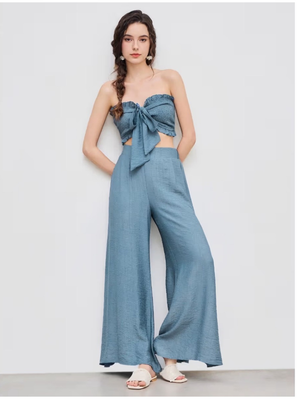 Cider Shirred Knotted
Tube top + Wide Leg Pants Trousers SET Blue Size Small NWT
